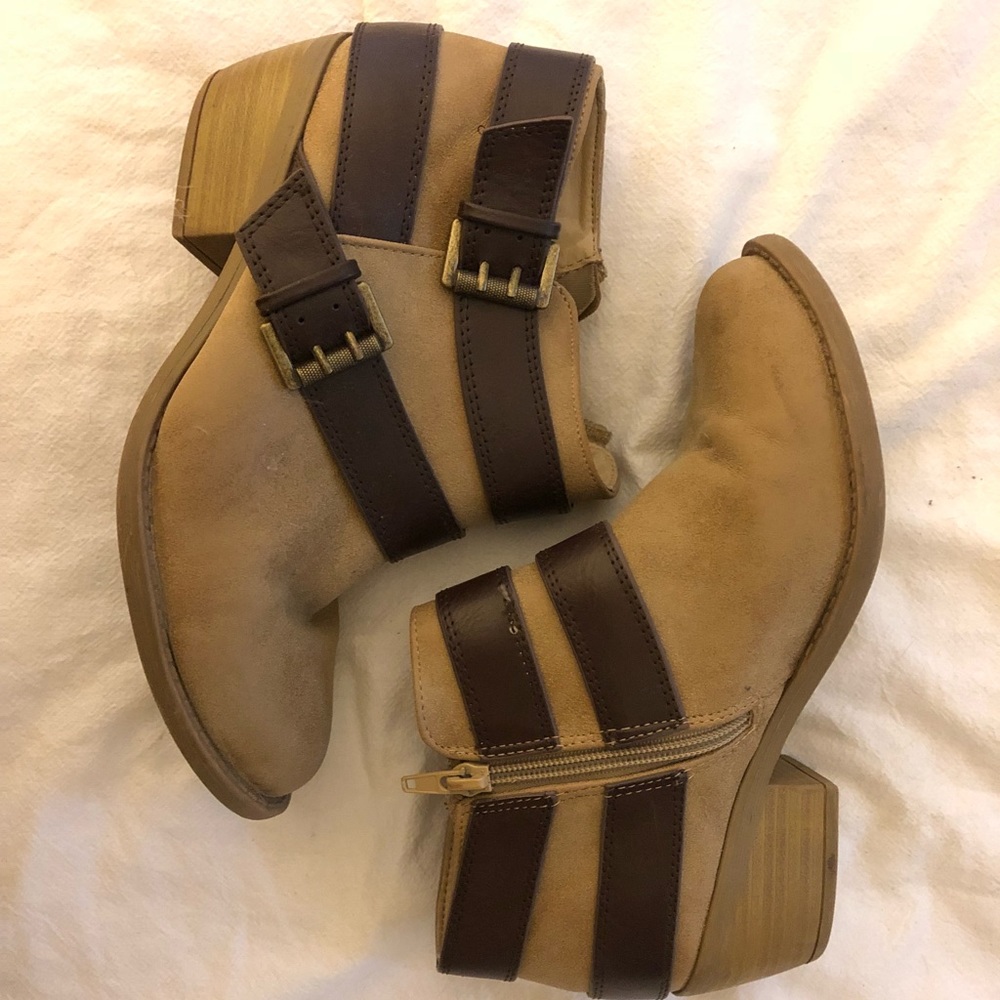 camel with brown leather accent booties
